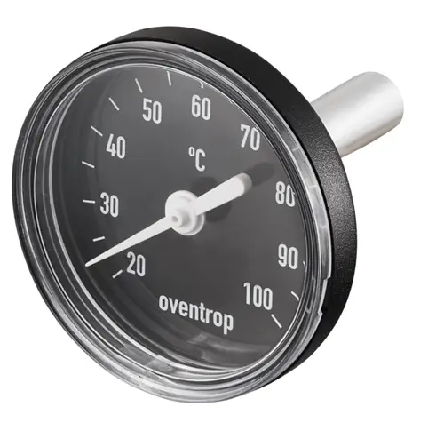 Zeigerthermometer mit schwarzem Ziffernblatt, weißen Skalen und einer Temperaturanzeige bis 100 °C. Marke Oventrop.